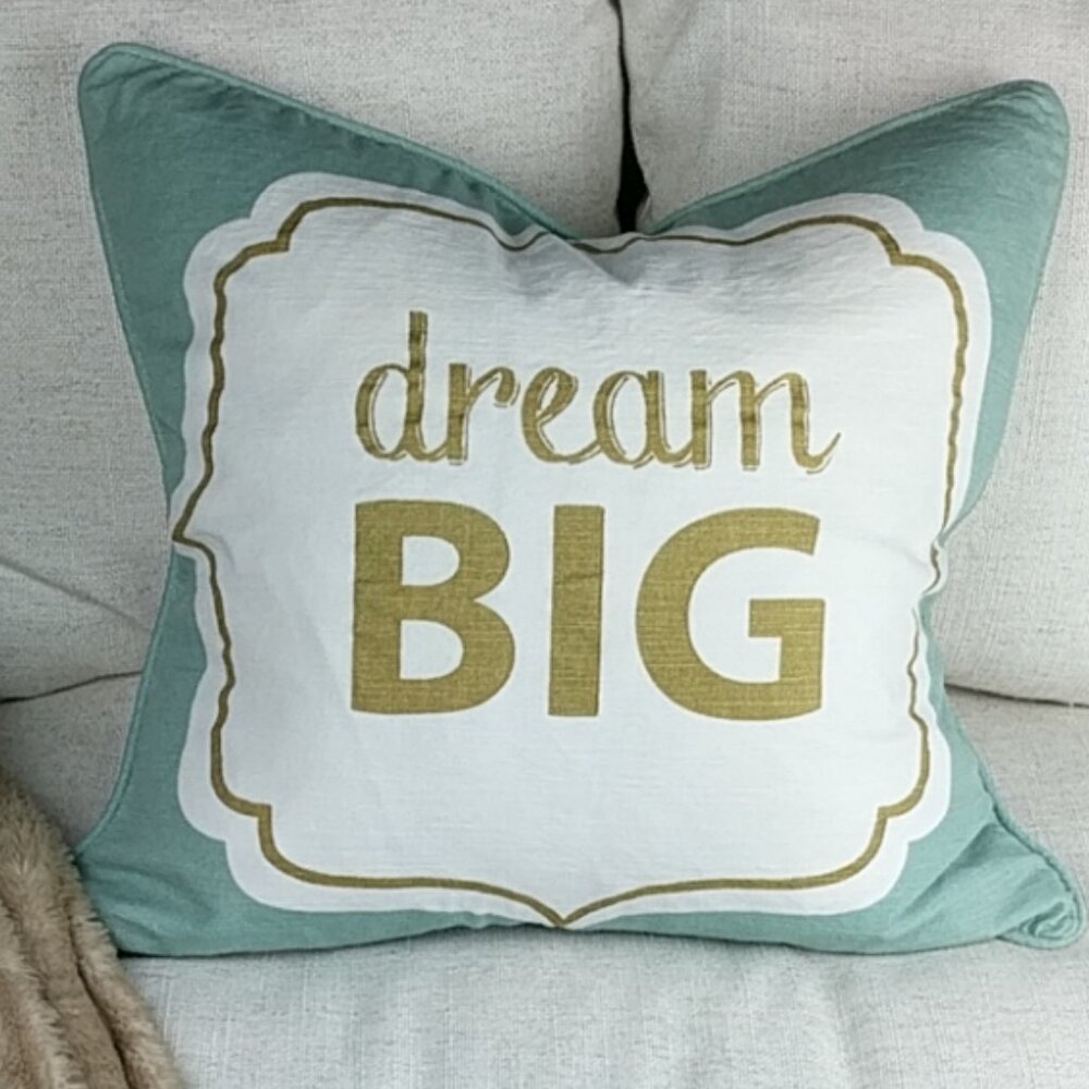 20 Inch Motivational DREAM BIG Feather Accent Pillow Seafoam Green & Gold
